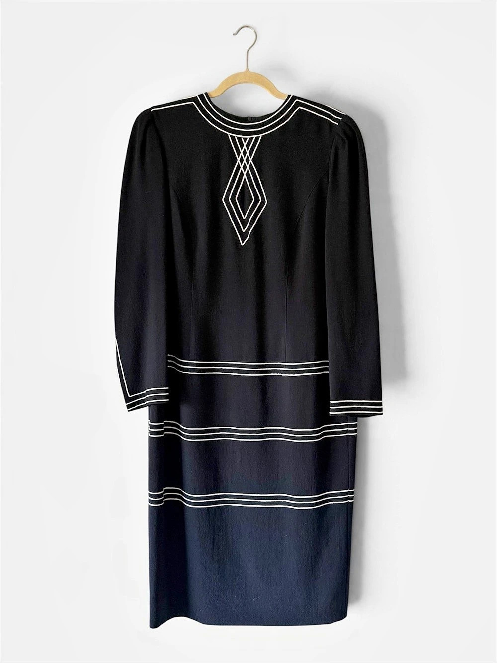 Louis Feraud Geometric Midi Dress Dark Navy White Size 12